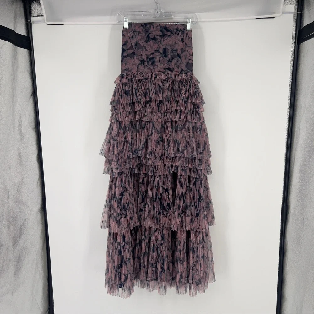 Hutch Purple Floral Tiered Strapless Chiffon Ruffle Maxi Dress Formal Gown 4 - Picture 3 of 11